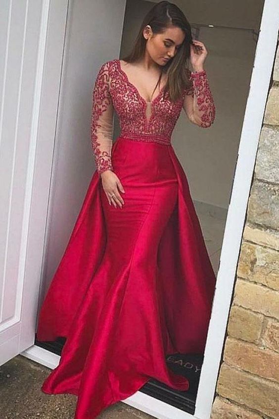 Elegant Mermaid Long Red Long Sleeve Beading V Neck Lace Satin Backless Prom Dresses cg7456