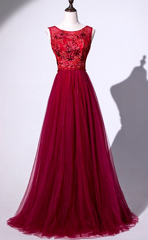 Unique Burgundy Tulle Lace Open Back Long Prom Dress cg7468