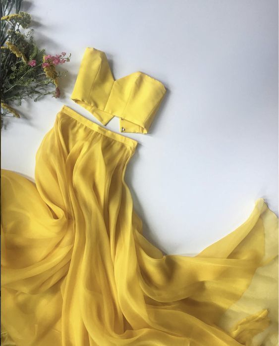 Bright Yellow Strapless Crop Top Two Pieces Long Prom Dresses Party Dresses cg7473
