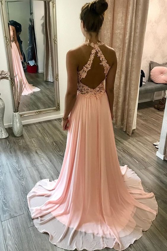 Pink Halter Long A Line Evening Dress, Appliques Chiffon Long Prom Dress cg7478