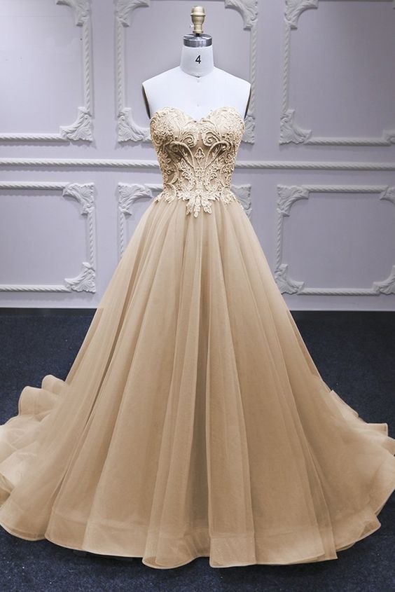 Sweetheart Champagne Tulle A Line Beaded Long Lace Pageant Dress, Sweet 16 Prom Dress cg7483