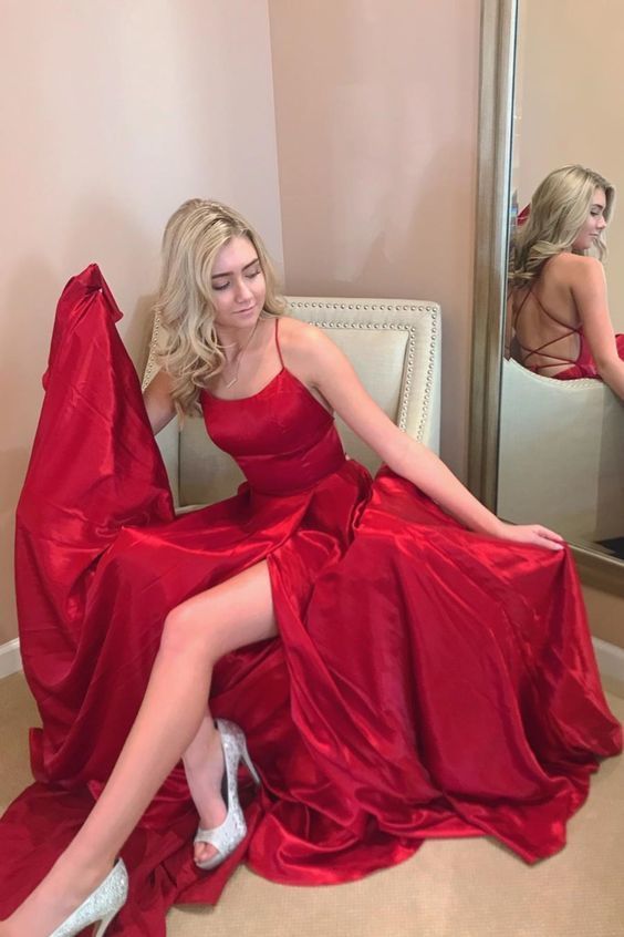 2020 red long prom dress with spaghetti straps, lace up back and side slit cg7494