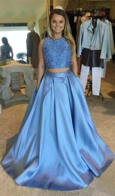 Two Piece Round Neck Light Sky Blue Open Back Prom Dress with Beading Pockets cg7498