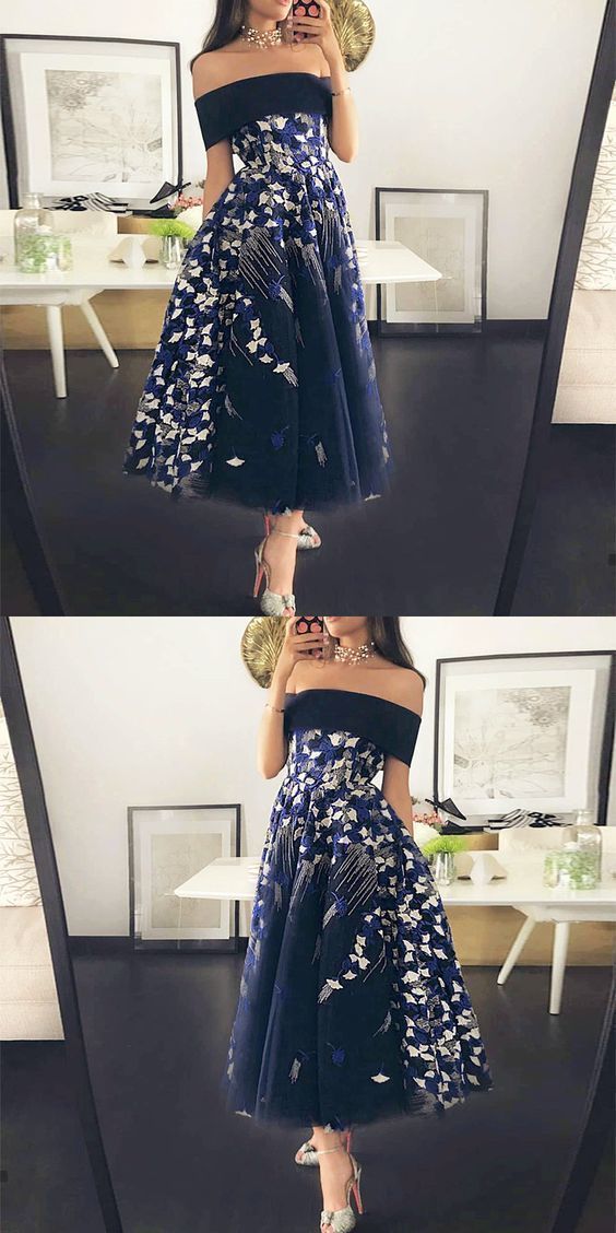 Off the Shoulder Dark Blue Tea-Length Prom Dress with Appliques cg7499