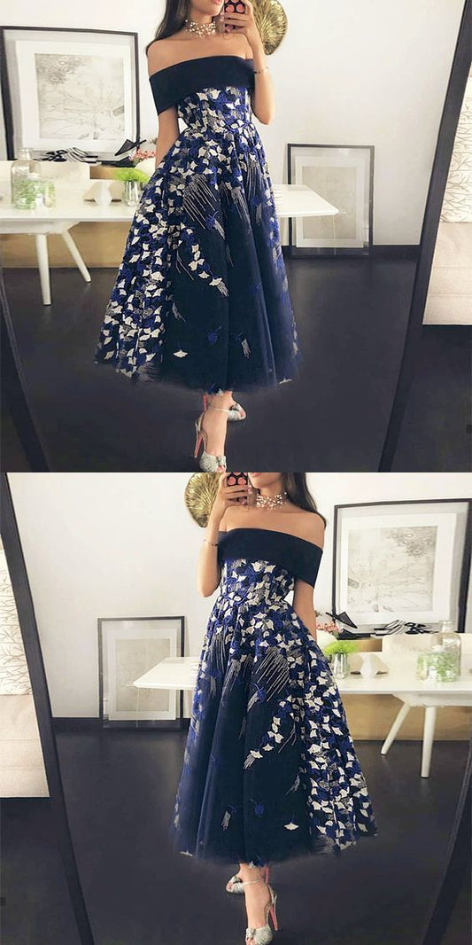 Off the Shoulder Dark Blue Tea-Length Prom Dress with Appliques cg7499
