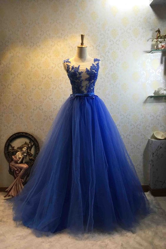 Royal blue tulle round neck see-through lace applique A-line prom dresses cg7511