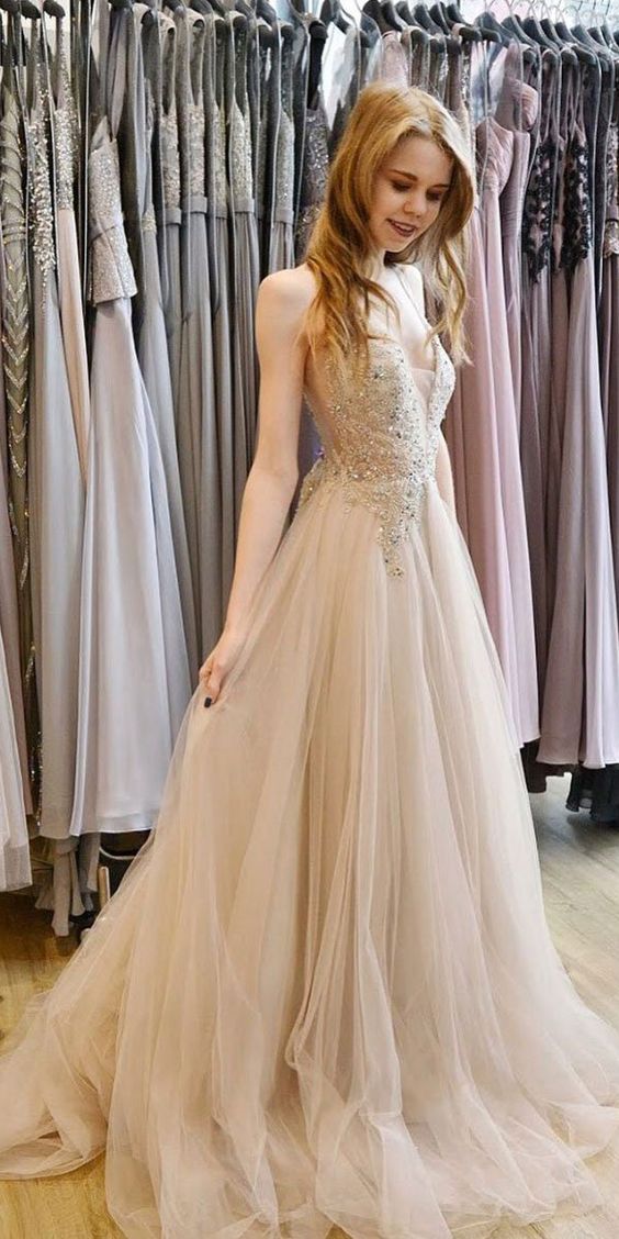 Light Champagne Tulle Lace Beaded V Neck Long Pageant Prom Dress cg7514