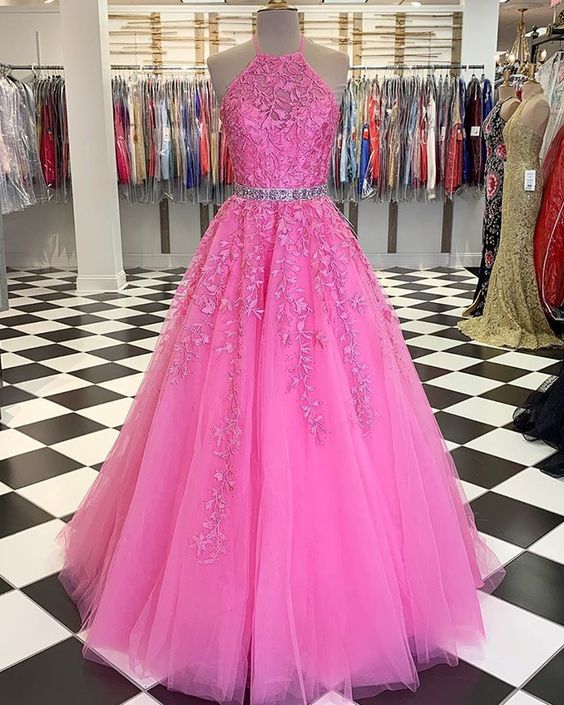 Halter Blush Pink Lace Applique Tulle Prom Dress with Beading Belt cg7527