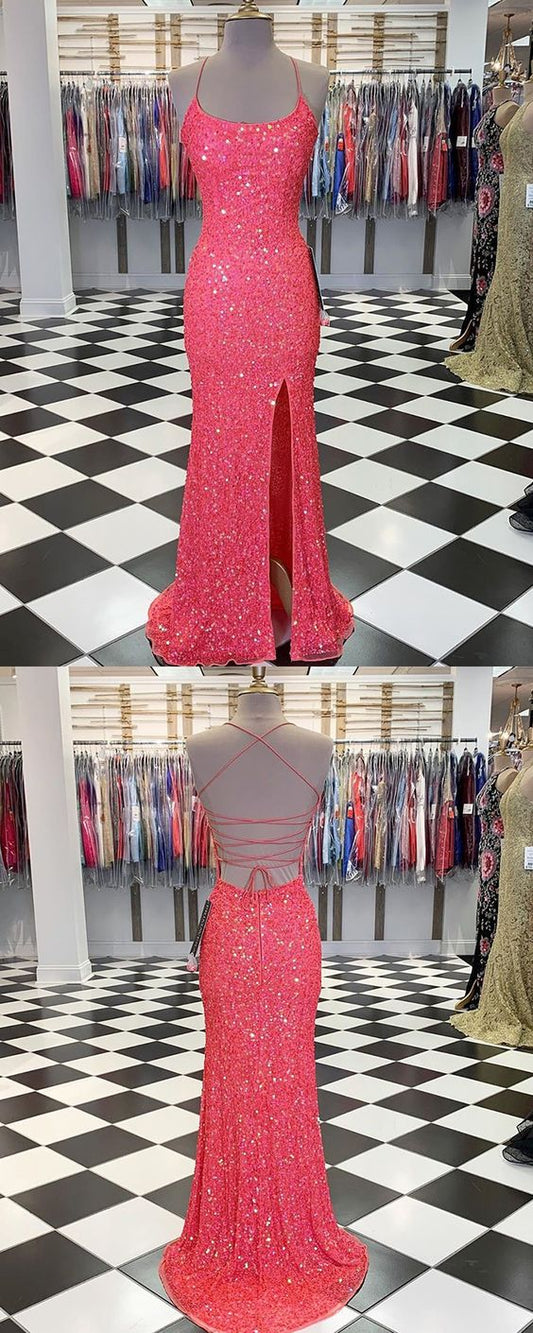 Spaghetti Straps Coral Pink Sequin Mermaid Prom Dress with Slit cg7528