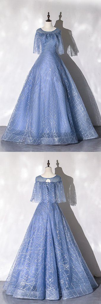 Blue Sequins Tulle Dress, Blue Round Neck A Line Customize Long Prom Dress cg7534