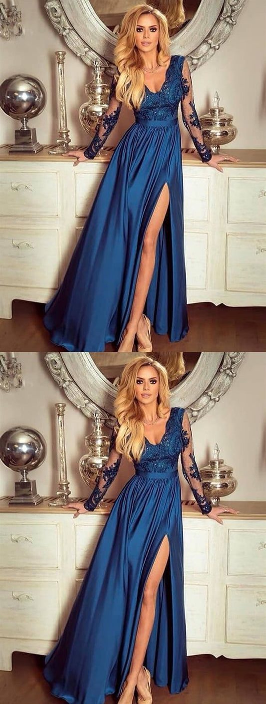 Long Sleeves V Neck Blue Lace Prom Dresses, Long Sleeves Blue Lace Formal Evening Dresses cg7544