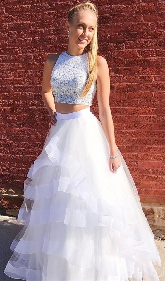 elegant two piece white tulle prom dress with beading, fashion tiered beaded evening dress cg7546