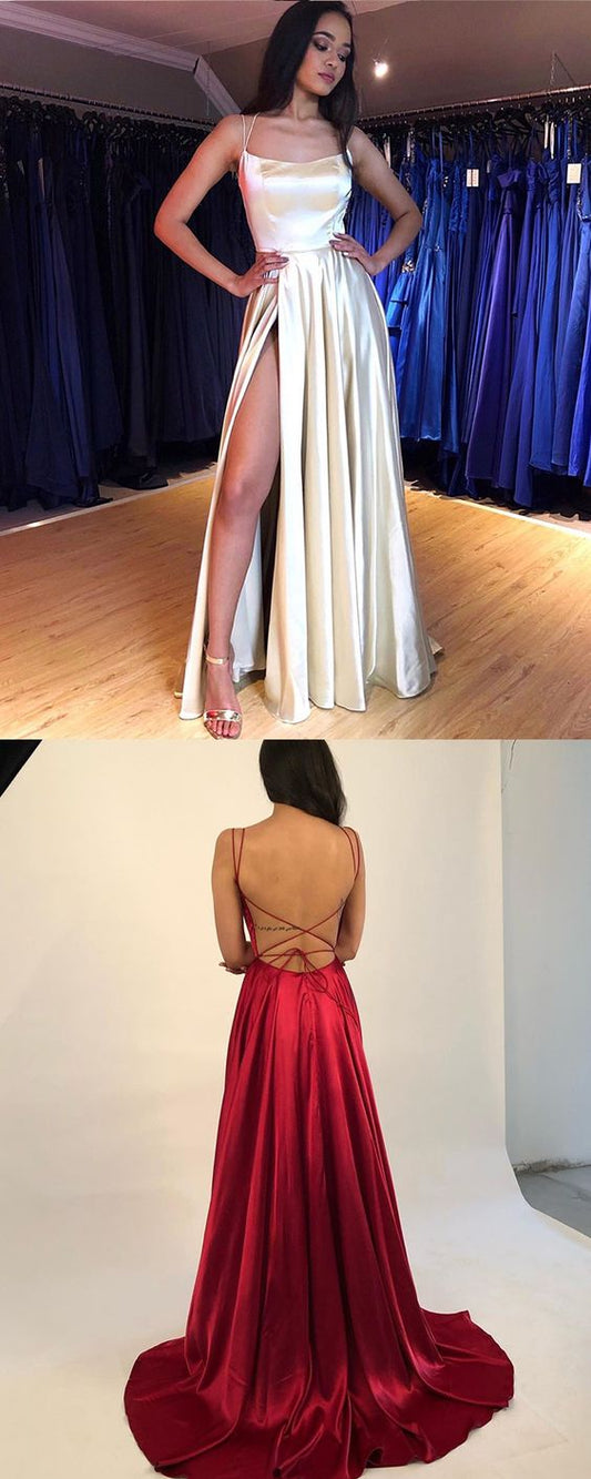 Simple Spaghetti Straps White Satin Pleated Prom Dress with Side Slit cg7556