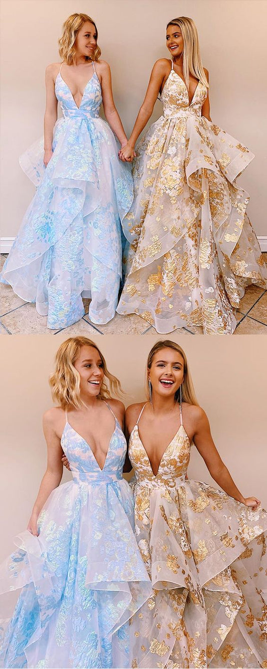 V-neck Metallic Ruffled Tulle Prom Dress cg7607