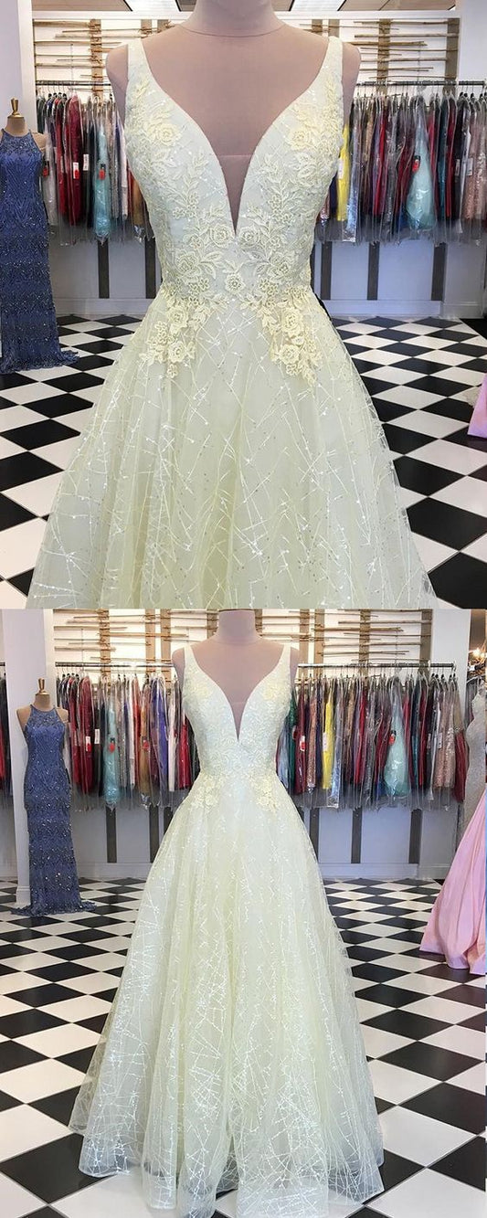 Deep V-neck Light Yellow Appliqued Sparkle Prom Dress cg7609