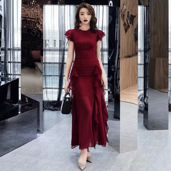 Wine red evening dress mermaid prom dress new style party dress sleeveless formal dress cg7718