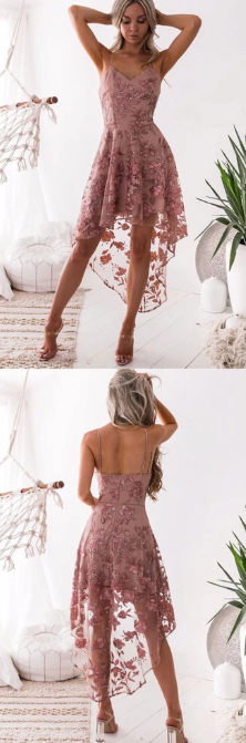 PINK V NECK TULLE LACE HIGH LOW PROM DRESS LACE BRIDESMAID DRESS cg7833