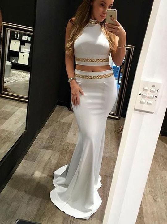 White Two Piece High Neck Sleeveless Prom Dresses Beaded Evening Dresses cg8035