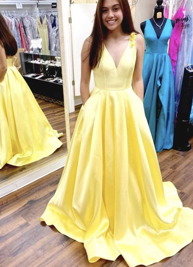 SIMPLE YELLOW SATIN LONG PROM DRESS YELLOW FORMAL DRESS cg8161