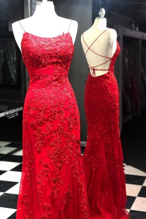 red lace long prom dress with spaghetti straps and lace up back cg8184