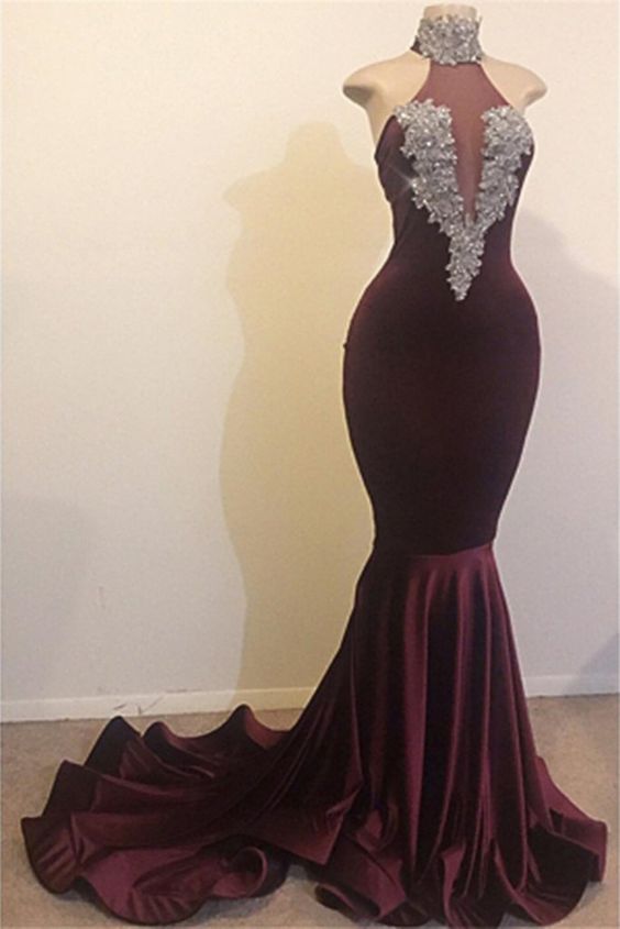 High Neck Backless Brush Train Mermaid Sequins Velvet prom Dress, Evening Dress cg8187