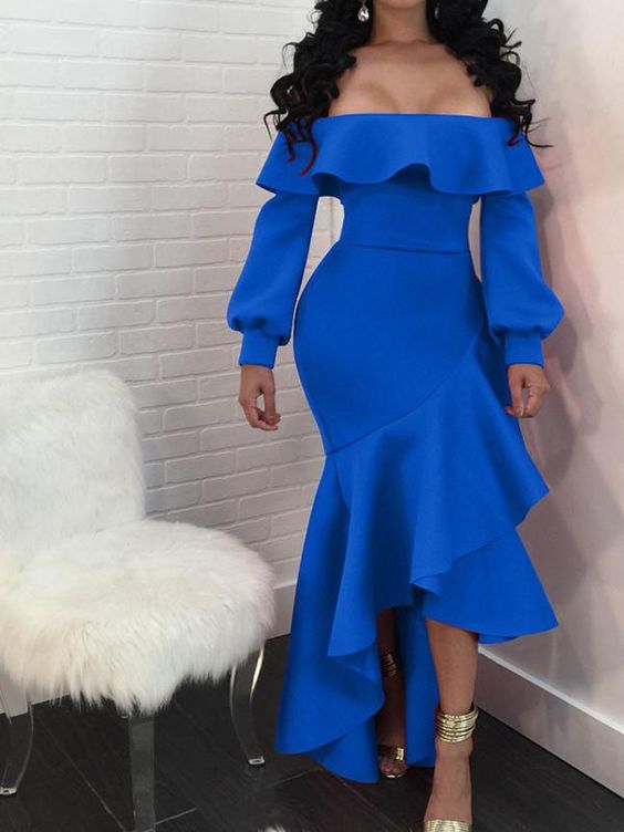 Sapphire Blue Ruffle Irregular Off Shoulder Balloon Sleeve Elegant Party prom Dress cg8211