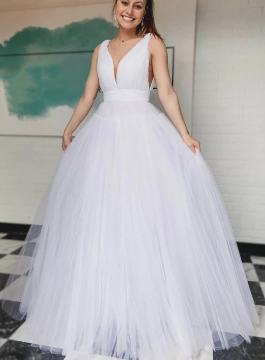 White v neck tulle long prom dress evening dress cg8434