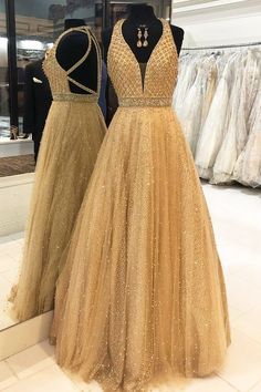 sparkle v-neck gold prom evening dresses with cross back cg8673