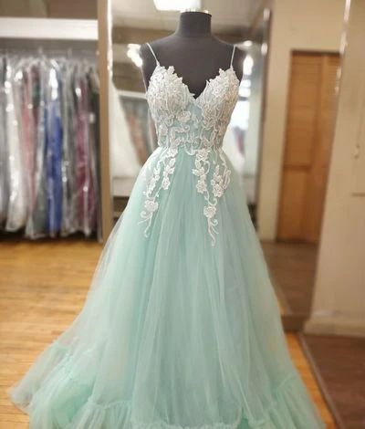 Spaghetti Straps Mint Green and White Long Prom Dress cg8692