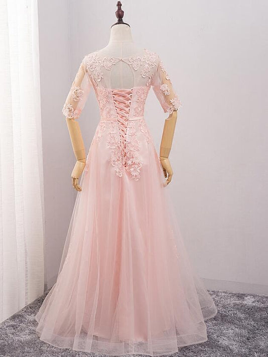 Pink Tulle Short Sleeves Long Bridesmaid Dress, Pink Evening prom Gown cg9323