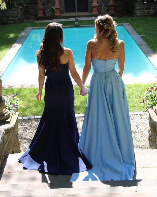 Sexy V Neck Straps Blue Long Bridesmaid Dress with Pockets, Sleeveless A Line Prom Dress cg9354