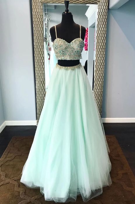 spaghetti straps two pieces mint green long prom dress cg9597