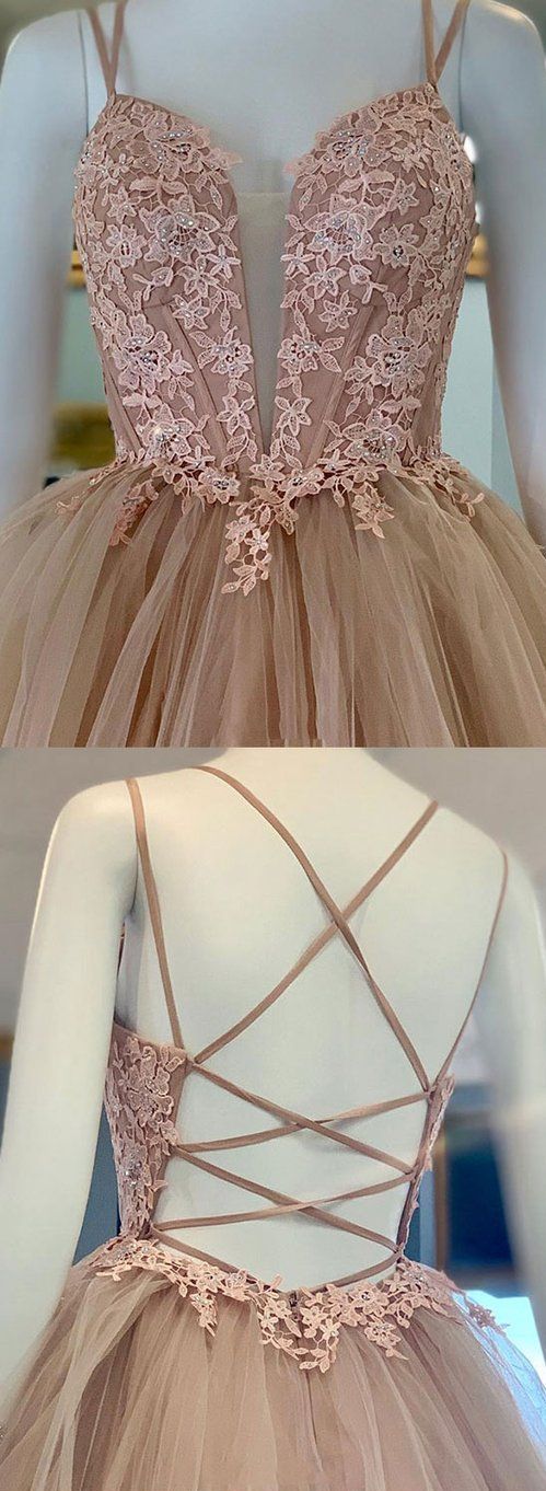 A Line Criss Cross Straps Back Pink Prom Dress With Appliques cg974