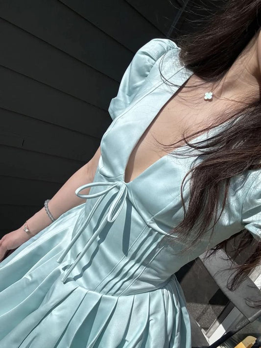 amakanas-Blue Sweet Fashion V-Neck Short Satin Homecoming Dress Birthday Party Dress gh5249
