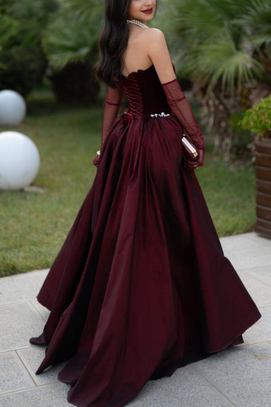 amakanas- Burgundy velvet satin vintage elegant long gown gh6196