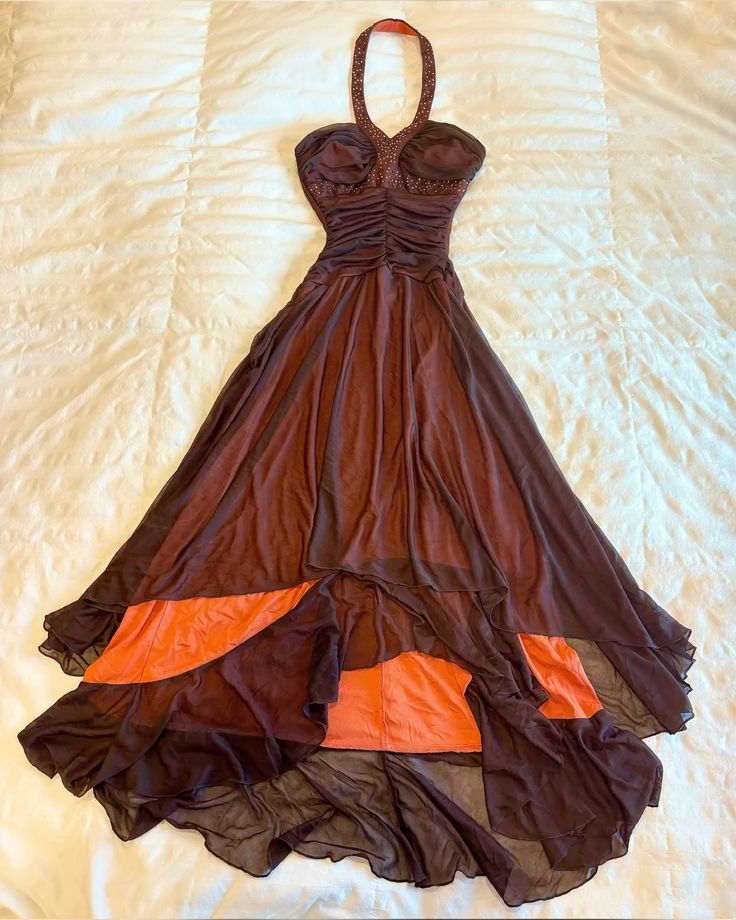amakanas-Vintage Brown-Orange Contrast Halter Neck Rhinestone-Embellished Asymmetric Ruffled Long Evening Gown gh6014