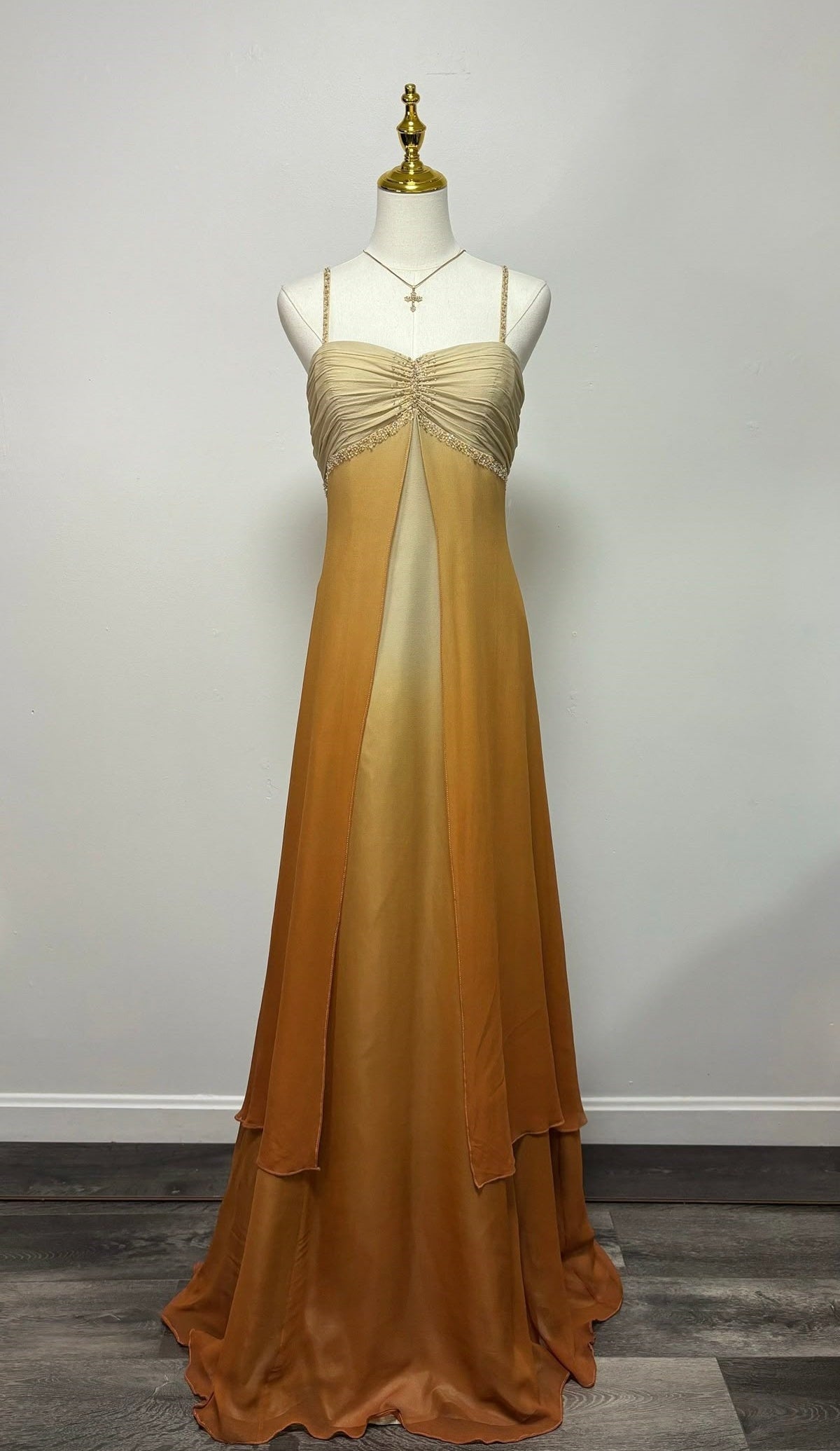 amakanas-Vintage Brown-Gold Gradient Spaghetti Strap Rhinestone-Embellished Tiered Long Evening Gown gh6022
