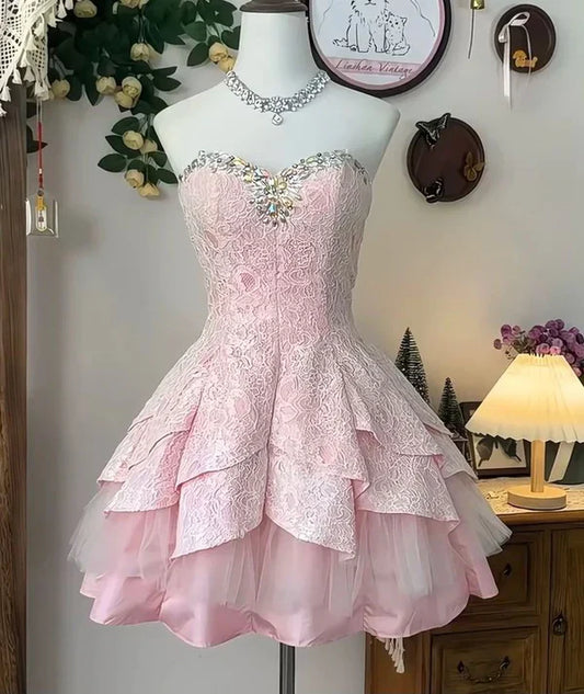 Pink Cute Prom Dress Sweetheart Short Mini Lace Formal 8th Grade Homecoming Dress Middle School Cocktail Evening Dress Hoco Outfits gh4657