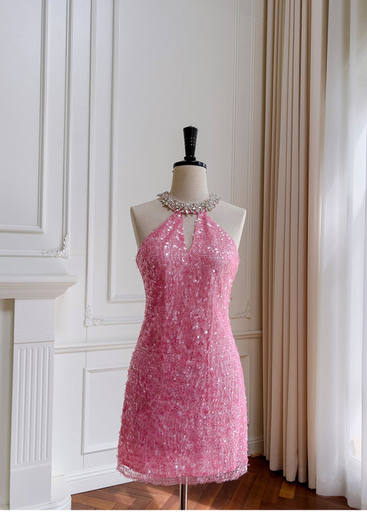 Unique Sheath Scoop Pink Sequin Short Mini Formal 8th Grade Homecoming Dresses Middle School Short Cocktail Dress Hoco Outfits DH2100