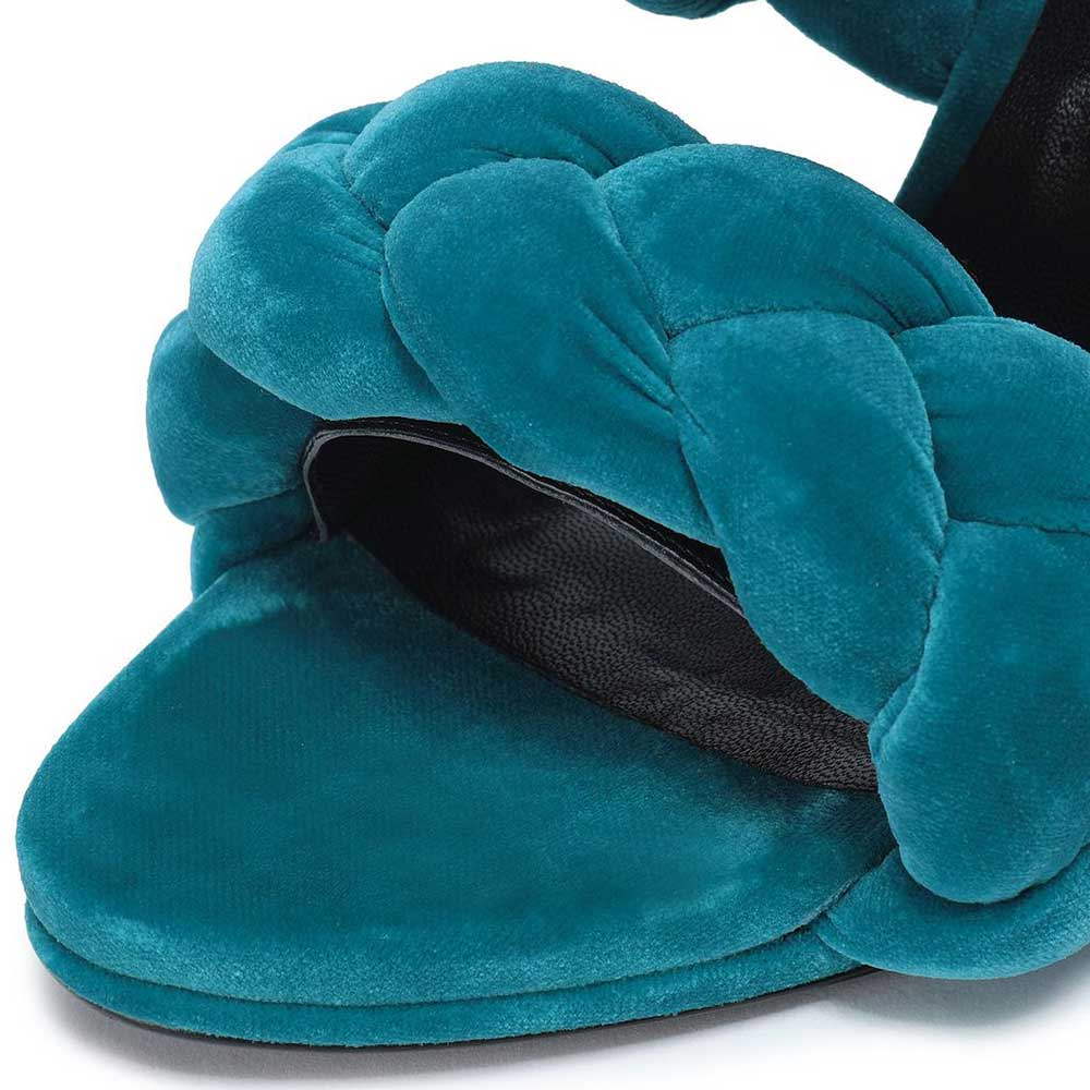 Teal Velvet Open Toe Braided Strap Buckle Stiletto Heeled Sandals