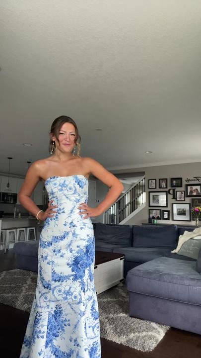 Blue Elegant Fashion Floral Long Slim Fit Ball Gown Evening Dress Wedding Guest Party Dress Bridesmaid Dress gh3314