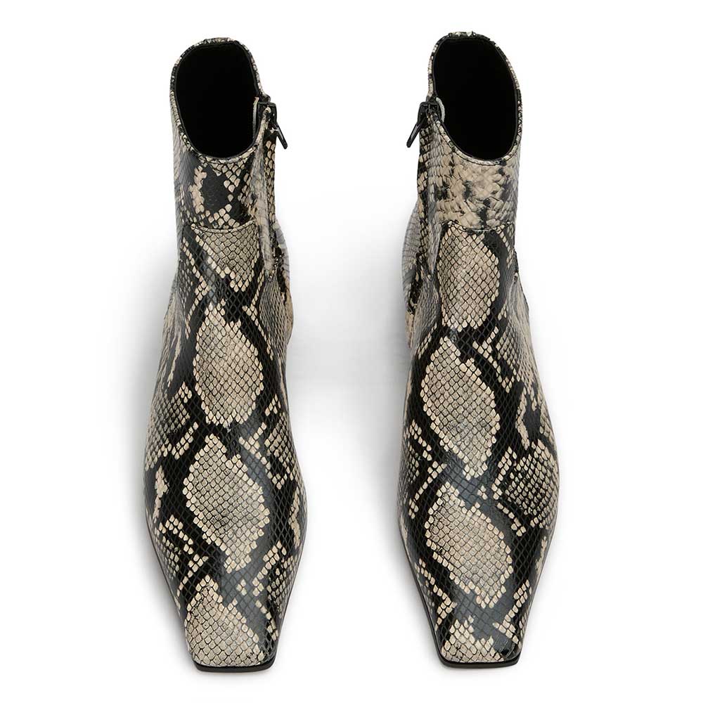 Black Python Embossed Square Toe Ankle Boots with Side Zipper