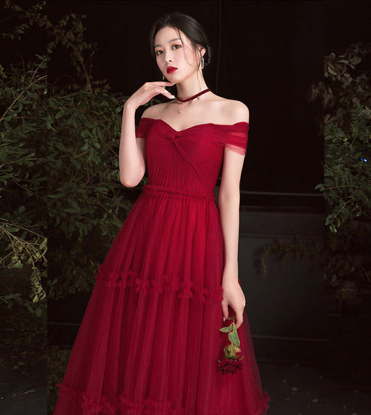 Burgundy tulle off shoulder prom dress evening dress 8391