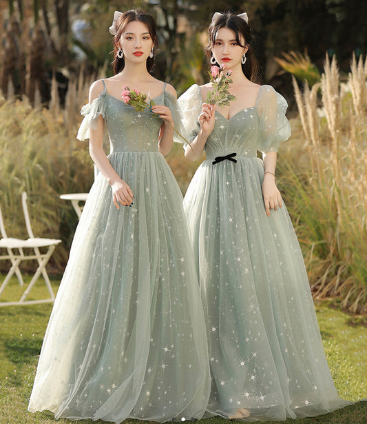 Green tulle long A line prom dress bridesmaid dress 8886