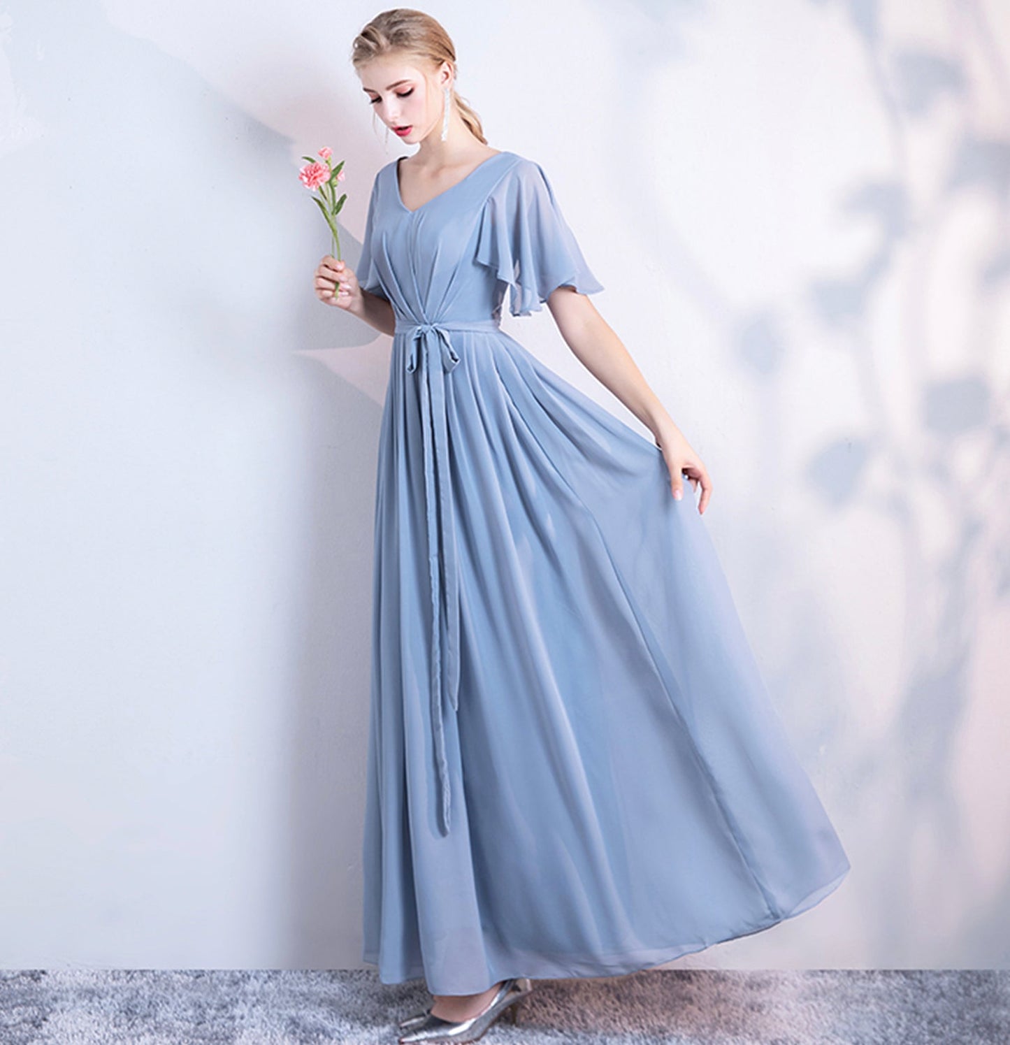 Blue chiffon long A line prom dress bridesmaid dress 10043