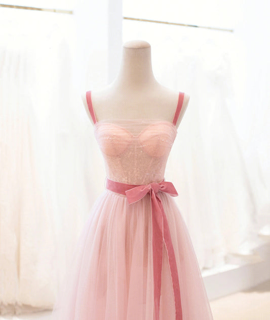 A Line Straps Pink Tulle Lace Short Prom Dress Homecoming Party Dress SH1723