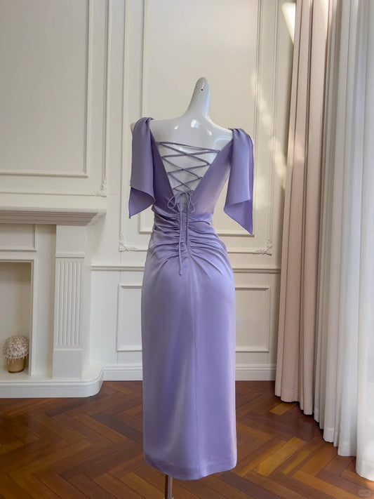 Purple Flowing Long/Short Satin Homecoming Dress Prom Dress Birthday Party Dress Evening Dress gh4408
