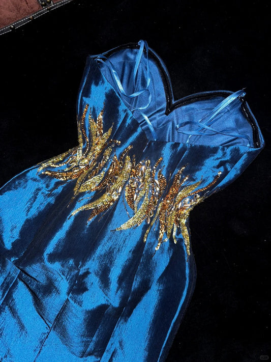 Blue gold beaded sequined gorgeous short homecoming dress satin party dress birthday dress gh4459