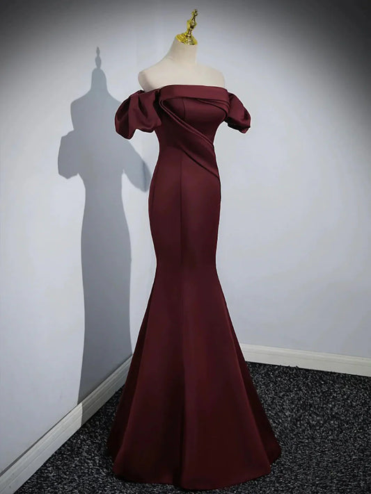Charming Maroon Satin Mermaid Off Shoulder Prom Dress, Maroon Party Dress TP1020