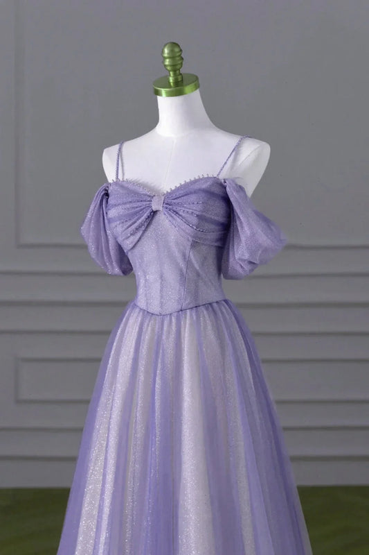 Lovely A-line Light Purple Tulle Beaded Long Party Dress, Light Purple Prom Dress TP1023